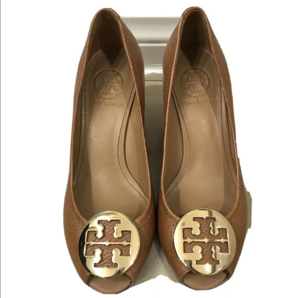 Tory Burch Sz 5.5 Sally Brown Pebbled Round Peep Toe Wedges Leather Pumps